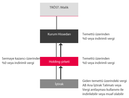 Holding Yapısı Tanımı Başka bir şirketin veya diğer şirketlerin (iştirakler) hisselerine sahip olan bir şirkettir. Genellikle ana şirket olarak adlandırılır. Ayrıca, gayrimenkul veya diğer mülklere de sahip olabilir. Bir holding şirket, uygun ülkedeyse, gelen ve giden temettüler ile sermaye kazançları üzerindeki stopaj vergisini azaltabilir veya tamamen kaldırabilir.